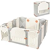 Costzon Baby Playpen, 14-Panel Foldable Kids Safety Activity Center Playard w/Locking Gate, Non-Slip Rubber Bases, Adjustable Shape, Portable Design for Indoor Outdoor Use (Beige + Gray)