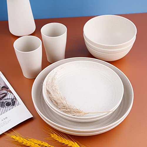 Supernal Wheat Straw Dinnerware Sets,Dinnerware Sets For 8,Microwave Dishwasher Safe,Unbreakable Dinnerware,Reusable Tableware Set,Beige Set 16Pcs Plates, 8Pcs Bowls, 8Pcs Cups. #TOP4