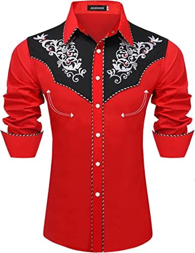 JoZorro Men's Long Sleeve Pearl Snap Shirt Cowboy Cut Western Embroidered Casual Button Down Shirt