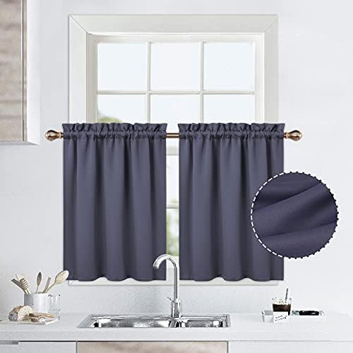 LinTimes Blackout Short Curtains 24 Inches Long for Bathroom Set 2 Panels Rod Pocket Cafe Tier Curtains Light Blocking Blackout Room Darkening Camper Curtains for Small Windows Kitchen Dark Grey