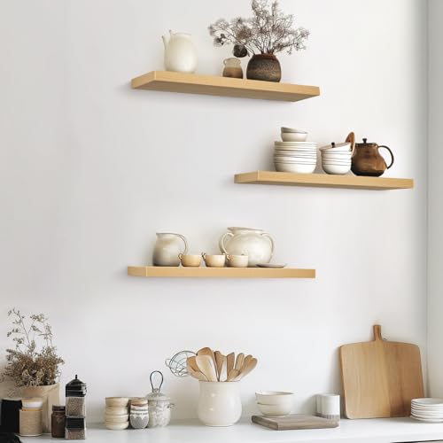 Image of BAYKA Floating Shelves for Wall, 22.5 inches Wall Mounted Rustic Wood Shelves for Bathroom, Bedroom, Living Room, Floating Shelves for Books /Storage /Decor (Light Oak-Toned,Set of 3)