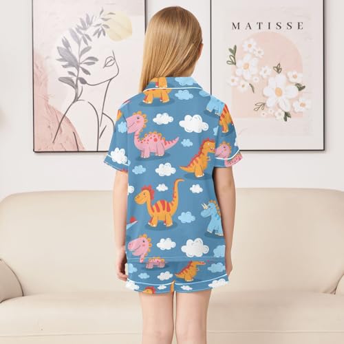 ALAZA Dinosaur Cloud Blue Pajamas Satin Pajama Set Short Sleeve Button Down Sleepwear4