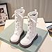 White PU Leather Riding Boots for Girls:Fashion Winter Warm Lace up Bowknot Booties Side Zip Mid Calf Waterproof Fall Shoes（Size2.5,Beige