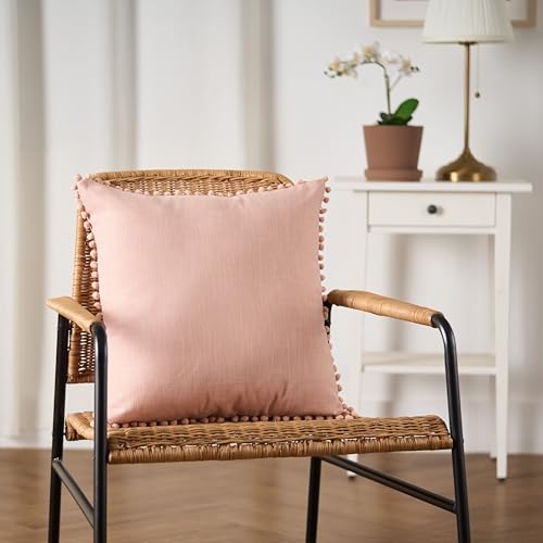 Image of 100% Cotton Pom Pom Cushion with Filler, Elegant & Modern Cushion Cover for Living Room, Square Shape, 16 inchx16 inch, uni slub, Set of 2 - Cloud Rose