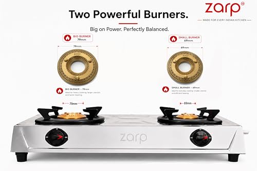 Image of ZARP 2 Burner Stainless Steel Gas Stove | ISI Certified Manual Ignition LPG Stove | Brass Burners with Pan Support | Durable Steel Body for Indian Kitchens | LPG gas chulha | 635x345 mm