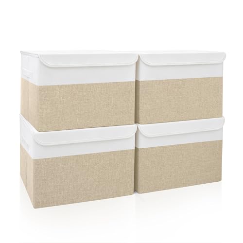 Bagnizer Large 22 Quart Linen Fabric Foldable Storage Bin Cube Organizer Basket with Flip-Top Lid & Handles, Clothes Blanket Box for Home, Office, Closet, Beige & White, 4 Pack 14.6 x 9.5 x 9.5”