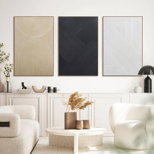 Image of Large Boho Textured 3D Wall Art Neutral Set of 3-24 inchx36 inch Hand-Painted Abstract Framed Paintings for Living Room, Bedroom - Modern Minimalist Black White Neutral Boho Decor
