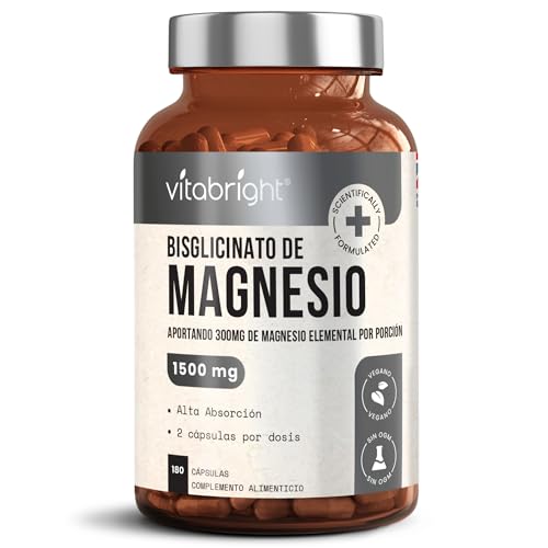 Magnesio Bisglicinato 1500mg, 3 Meses, 180 Cápsulas (no en Polvo) 300mg de Magnesio Elemental Alta Potencia y Suave Absorción, Glicinato de Magnesio Quelado, VitaBright Bisglicinato de Magnesio Vegano