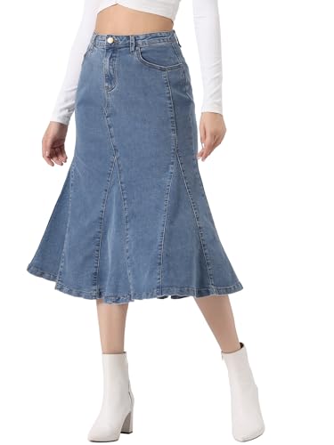 Jupe en jean décontractée mi-longue évasée à taille haute pour femmes couleur bleu ciel taille L