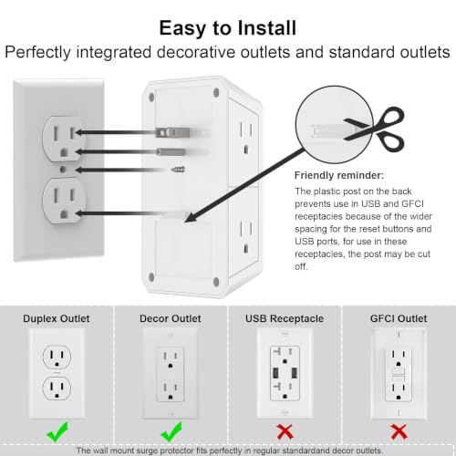 Outlet Extender Surge Protector - NUOZHI 6 Outlet Splitter with 4 USB Ports(2 USB-C) and Night Light, Multi Plug Wall Outlet 1680J Power Strip for Home Office Dorm Room Essentials, ETL, White - Image 5