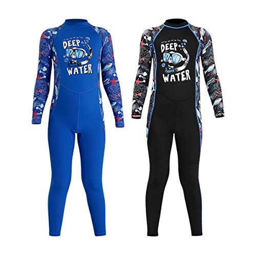 Image of Youth Girls Boys One Piece Water Sports Sun Protection Rash Guard UPF 50+ Long Sleeves Full Suit Swimsuit Wetsuit Swimwear, Boy-black, 7-8 Years