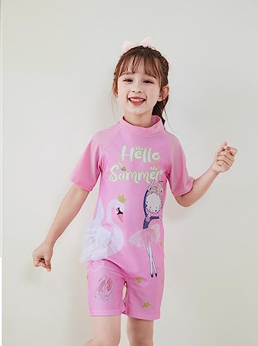 Image of Girls Swimsuits Half Sleeve Rash Guard Swimwear with Matching Cap One-Piece Bathing Suits 2-11 Years