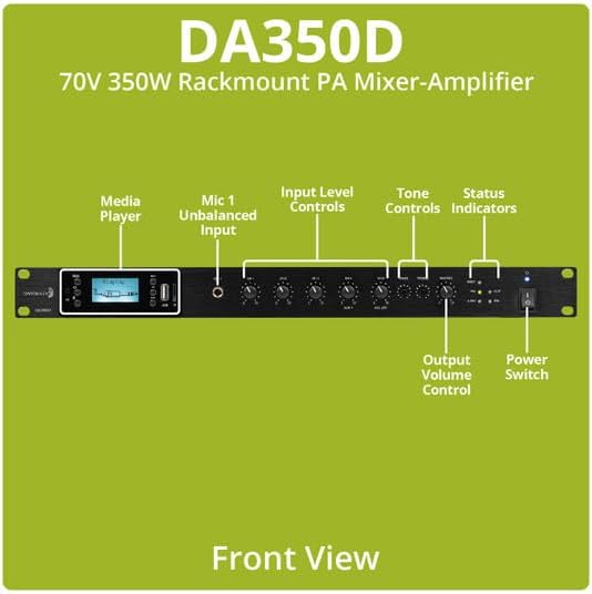 Dayton Audio DA350D Commercial Audio Amplifier 350W 70V/ 100V/ 4 Ohm Mixer - 4 Mic 2 Aux 1 Telephone Input