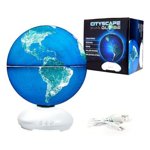USA Toyz Cityscapes Illuminated Globe for Kids Learning STEM - Globe with Stand, 3 Sleep Settings, Auto Rotation, LED Desk or Night Stand Light Lamp, Educational World Globes for Kids 8+, 10” Tall