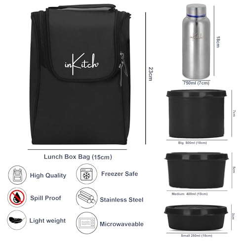 Image of Microwave Safe Lunch Box Set with Bag | 3 Stainless Steel Inner Containers & 1 Steel Bottle | Leakproof Tiffin Box for Office, School, College | Durable, Easy to Carry, Black