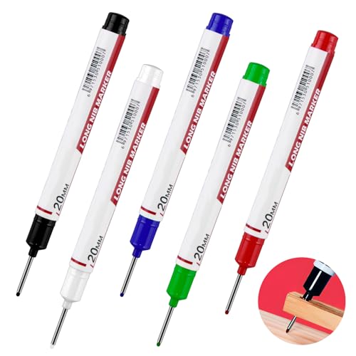 Crayon Chantier, Marqueurs de Trous Profonds, Set de 5 Marqueurs de Perçage, Pointe Extra-longue de 20mm, Stylos de Marquage pour Bois, Plastique, Métal, Carton, Bâtiment (Noir, Bleu, Rouge, Vert, Bla