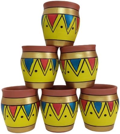 ADHAATA Indian Ceramic Kulhar 6 Pc Painted Kulhad Traditional Indian Chai Tea Cups, Set of 6, camping mug, coffee mugs (4.22 oz) (125ML) (DESIGN 3)