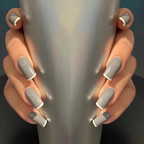 Imsohot Square Press On Nails French Grey Fake Nails Medium Length False Nails With Design Glossy Full Cover Acrylic Nails Squoval Glue On Nails For Women 24Pcs #TOP19