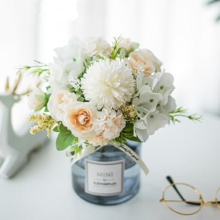 Miniatura 9 de Sunnyskar - Juego de flores artificiales pequeñas, arreglos de macetas de Ikebana, arreglos florales de mesa, flores falsas y jarrón (color N)