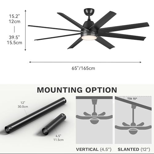 DWVO 65 Inch Ceiling Fan with Light and Remote, 8 Blade Large Black Ceiling Fan, 6-Speed Quiet DC Motor, LED Tri-Color Temperature, Memory Function for Bedroom, Living Room