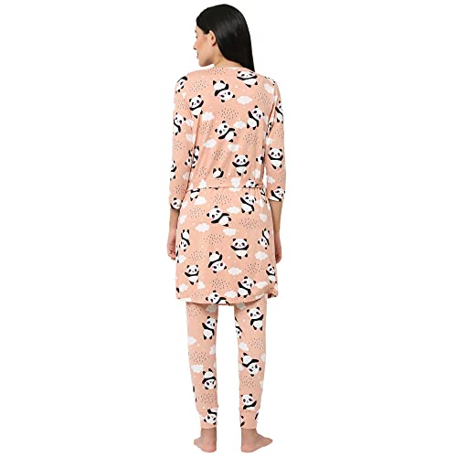 Image of Sweet Dreams Women Printed Lapel Collar 3 /4th Sleeve Poly Brush Robe, Slip & Pyjama Set