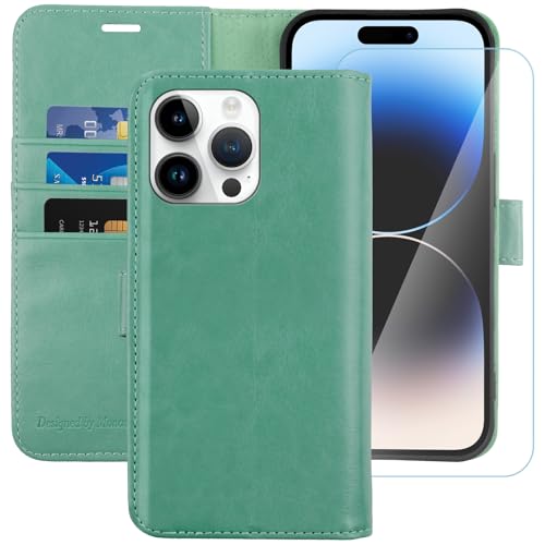 Image of MONASAY Vegan Leather Fit for iPhone 14 Pro Max 5G Wallet Case, 6.7-inch, [Glass Screen Protector Included] [RFID Blocking] Flip Folio Phone Cover with Credit Card Holder,Mint