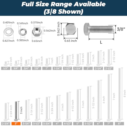 Image of 6 Sets Glvaner 3 /8-16 x 3 Stainless Steel Hex Head Screws Bolts, Nuts, Flat & Lock Washers, 18-8 (304) Stainless Steel, Full Thread, Coarse Thread
