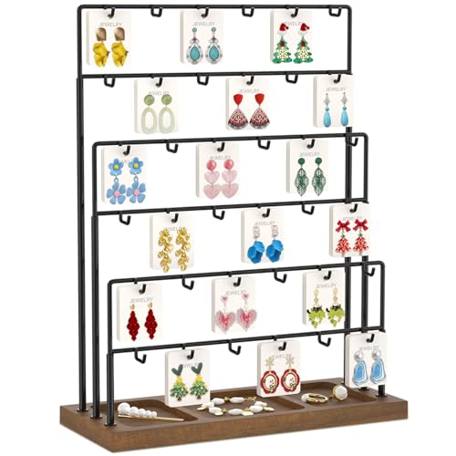 Image of EsLuker.ly Earring Card Display Stand for Vendors Events Selling, Earring Holder Rack Metal 6 Tier 36 Hooks with Wooden Base, Large Capacity Showcase Your Jewelry at Any Event, Black