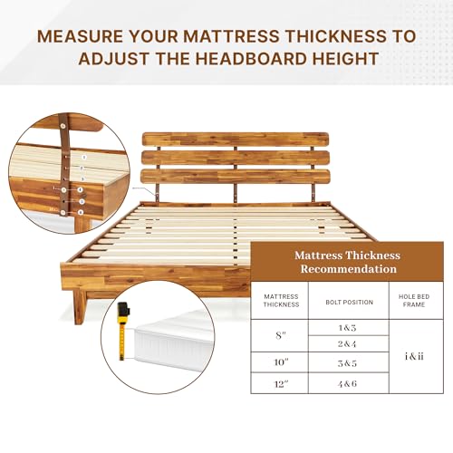 Bme Caden King Size Bed Frame and Adjustable Headboard, 15 Inch Mid Century Retro Style - Solid Acacia Wood - No Box Spring Needed - 12 Strong Wood Slat Support - Easy Assembly - Caramel by Bme - Image 5