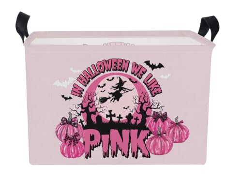 Image of Pink Spooky Cute Witch Halloween Basket with Pumpkin Prints, Trick or Treat Storage basket for Gifts and Party Stuffers(Black Pink Halloween)