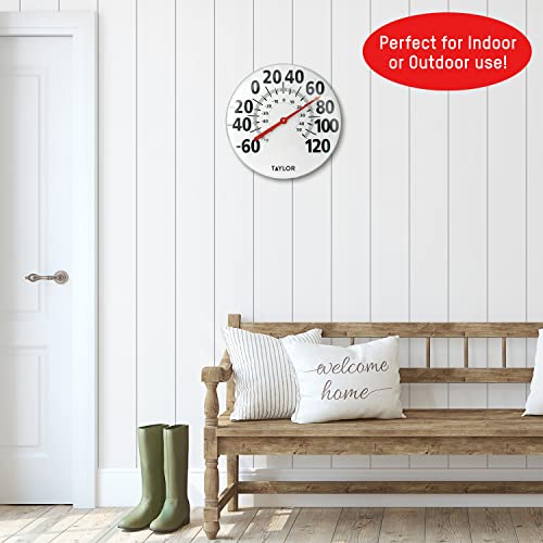Image of Taylor Extra Large Metal Wall Indoor Outdoor Thermometer, Easy to Read Numbers for Patio, Pool, and Indoor Areas, 18 inch, White