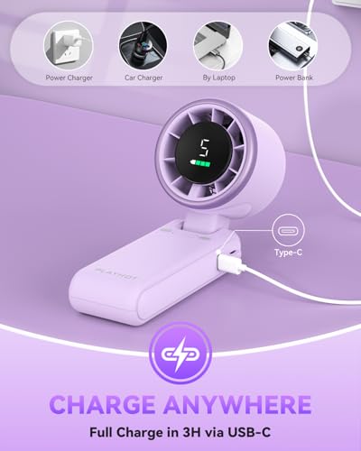 Image of PlayHot Portable Handheld Turbo Fan, Travel Essentials, Gifts for Women /Men | 5-Speed, Up to 12H, 10m /s Airflow, USB-C Rechargeable, LED Display, 3-in-1 Foldable Personal Fan for Cruise, Beach, Vacation