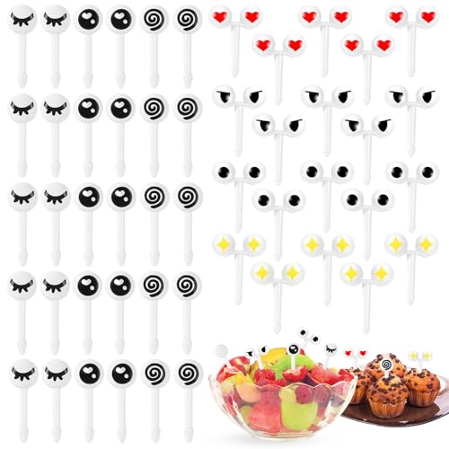 50 Stück Cartoon Obst Augen Bento Jausendeko Kinder Obstgabeln Plastik Gabeln mit Mini Augen Karikatur Ausdruck Frucht für Kinder Bento Tiere Food...