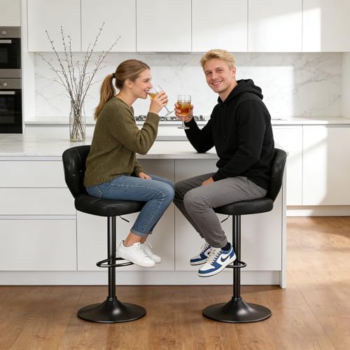 Image of Modern Bar Stools Set of 2, Adjustable Swivel Upholstered Full-Back Counter Height Bar Chairs for Kitchen Island, Dining Room, Bar Black