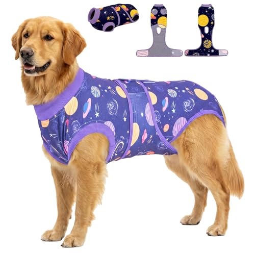 PetWarm Female Dog Spay Recovery Suit, Cone of Shame Alternatives, Bodysuit for Abdominal Affected Areas, Anti-Licking Soft Dog Bodysuit for Small to Large Dogs, Galaxy Pattern, Purple, 2XL