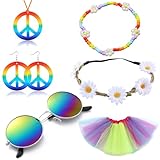 6 Pieza Hippie Conjunto de Disfraces, Accesorios Hippie con Gafas, Símbolo de la Paz Collar, Pendientes, Diadema, Pulseras, Tutú Naranja de Las Mujeres, Los Años 70 para la Fiesta de Vestir (B)