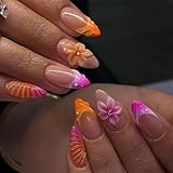 Auroriel 24 pièces ongles pressés amande French tips bicolores longueur moyenne fleur 3D style océan faux ongles design exquis nail art acrylique réutilisables faux ongle