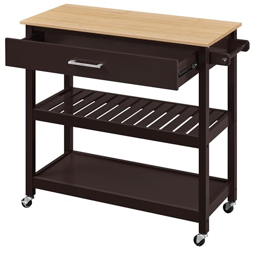 Yaheetech Rolling Kitchen Island Cart, Utility Storage Trolley on Wheels with Bamboo Worktop, Detachable Towel Rack and Drawer for Kitchen/Dining Room, Espresso