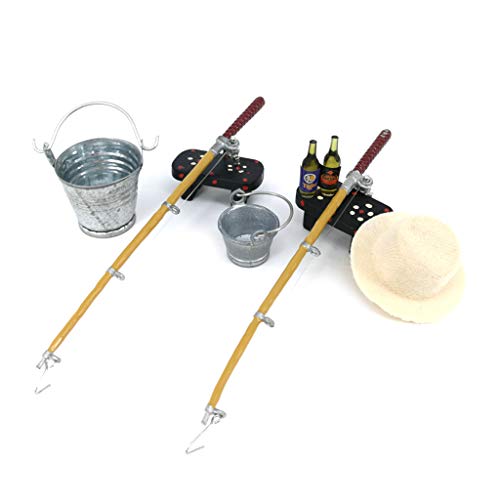 Jetamie 1/12 Dollhouse Miniature Fishing Rod Hat Bucket Stool Model Doll Life Scene Doll House DecorationMini Dollhouse Furniture 1/12 Miniatures Doll House