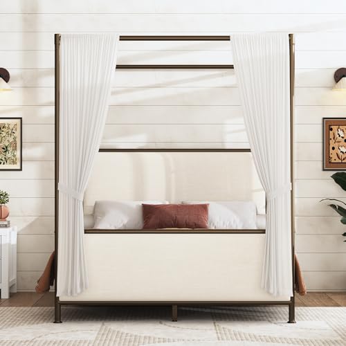 SOFTSEA Queen Size Canopy Bed Frame, Modern Metal 4-Poster Bed with Linen Upholstered Headboard & Footboard, King Size Canopy Bed, No Box Spring Needed, Beige
