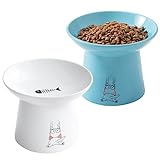 TAMAYKIM 6.5 Inch Extra Wide Raised Ceramic Cat Bowls, Food & Water Bowls for Elder Big Cats and Small Dogs, Elevated Sturdy Base Pet Feeder Dish, Stress Free, Protect Cat's Spine, White & Blue
