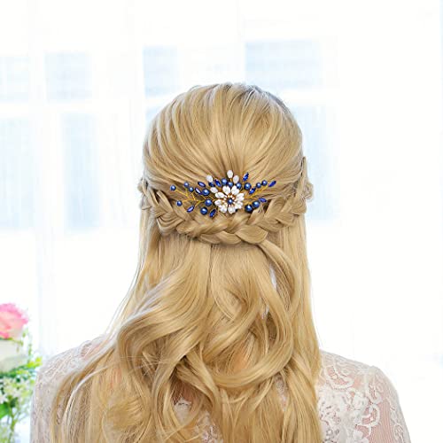 Flatser Blue Beadeds Wedding Hair Comb Gold Flower Bride Hair Side Combs Crystal Bridal Hair Accessories For Women #TOP5