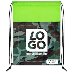 50 CT. One Color Print Custom Colored Camo Drawstring Backpack Tote Bags, Workout Bag String Bag For Promotional Gifts (Camo – Lime Green)