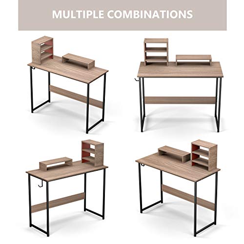 Viewee 39\'\' Computer Desk with Monitor Riser | Writing Desk Small table Home Office Desk with Removable locker and Hook | Modern Student Study Desk with Stable Structure (Brown)