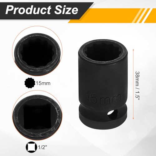 Image of HARFINGTON 2pcs 1 /2 inch Drive x 15mm Shallow Impact Socket 12-Point Metric CR-V Steel Spindle Nut Impact Flip Sleeve for Home Auto Nuts Bolts Repair