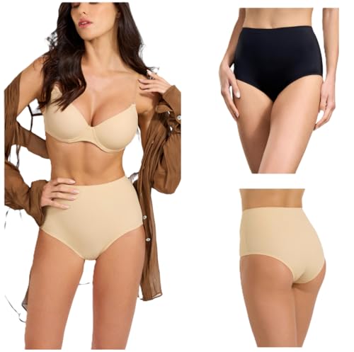 Ouno 4 bragas invisibles sin costuras, corte láser de microfibra, braguitas para mujer, cintura alta, color beige y negro, 4 Slip Beige, XL/XXL