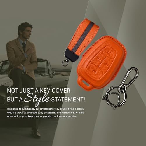 Image of Keyzone Royal Leather Key Cover for Tata Nexon, Harrier, Safari, Altroz, Punch, Tigor 4 Button smart Key (Sunburst Orange)