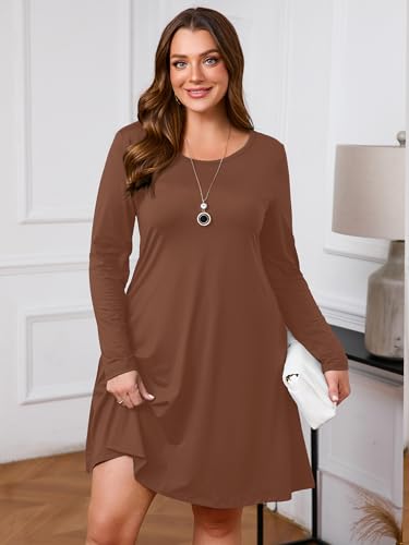 Image of AusLook Women's Plus Midi Dress Long Sleeve Crew Neck A-Line Swing Flowy Vacation Fall Wedding Guest Dresses with Pocket 1-5X