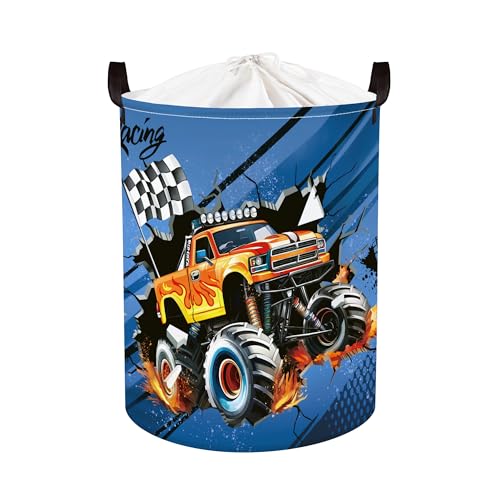 HUUMONSS Racing Car Baby Laundry Hamper with Handle Clothes Kids Storage Basket Collapsible Boys Gift Toy Box Bin for Nursery Room, Blue, 63L