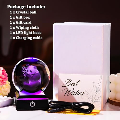 Image of Arikyrist 3D Panda Figurine Crystal Ball with Colorful Light Base, Panda Gifts for Women Men on Christmas Birthday, 3D Laser Engraved Pandas Full Sphere Glass Decorative Ball for Home Office (80mm)